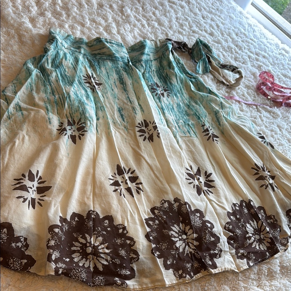 579 Green and Blue Midi A-line Skirt with Pleated Tie side